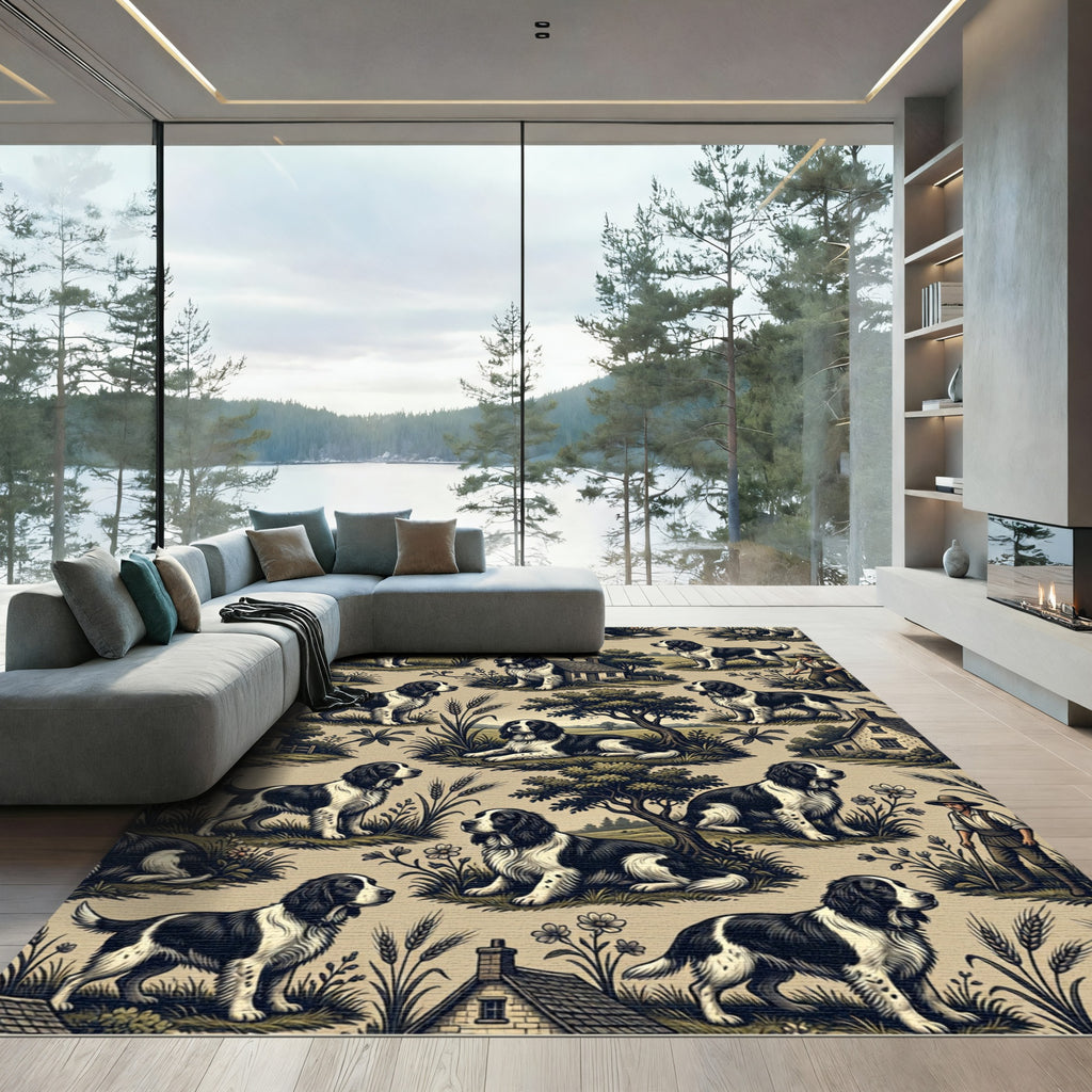 Black and White Spaniel Countryside Toile Rug