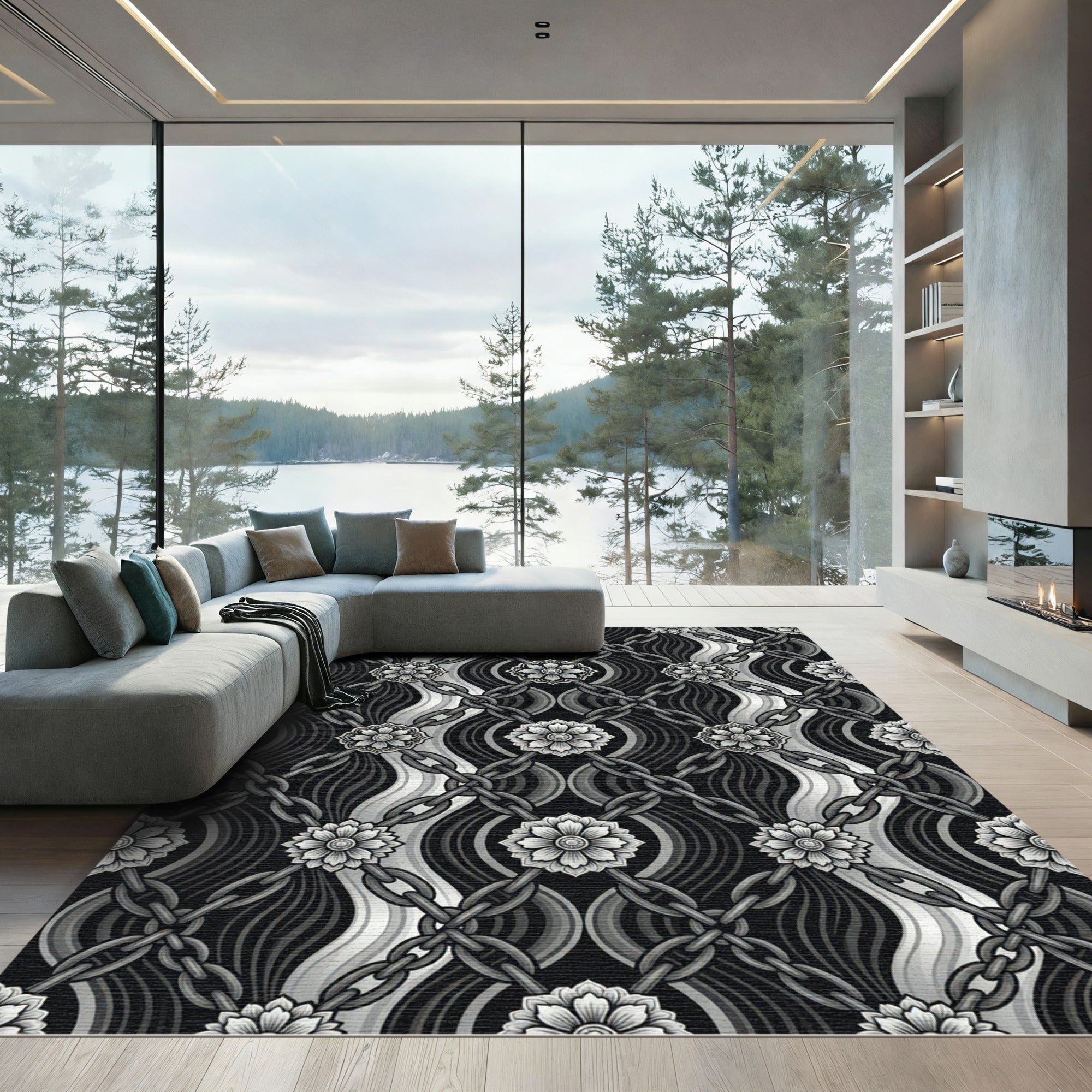 Monochromatic Floral Chain Loom Rug