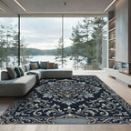 Navy Blue Floral Scroll Baroque Rug