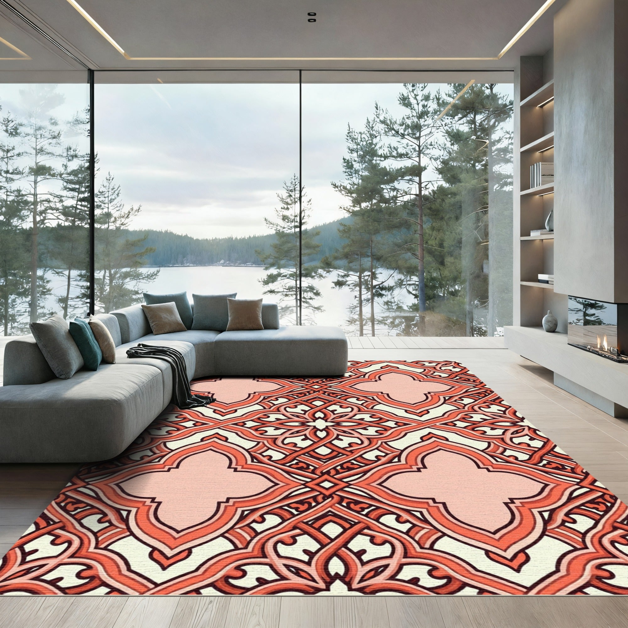 Coral Geometric Entwined Quatrefoil Lattice Rug
