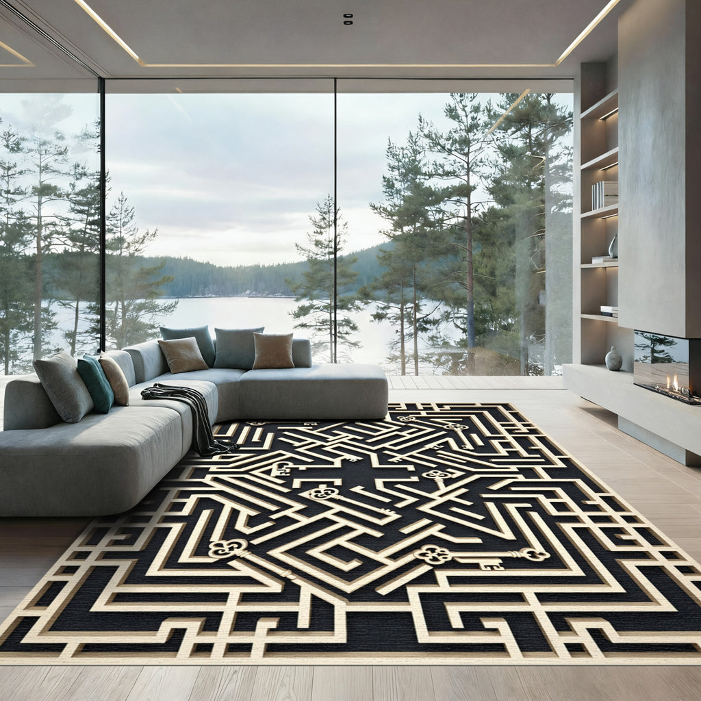 Geometric Gold Key Labyrinth Art Rug