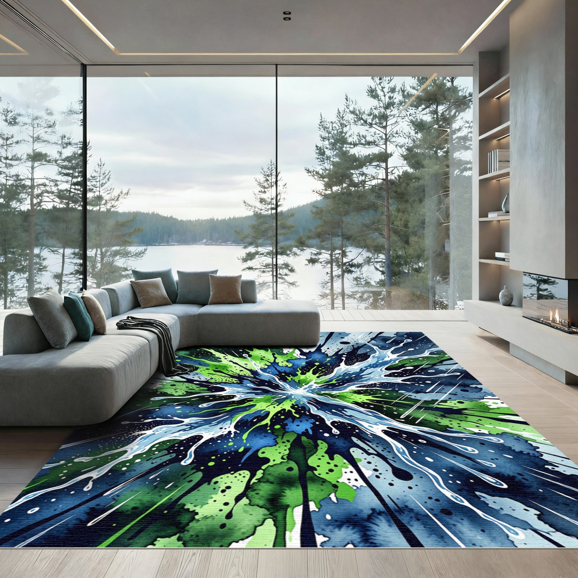 Dynamic Blue and Green Liquid Splash Rug