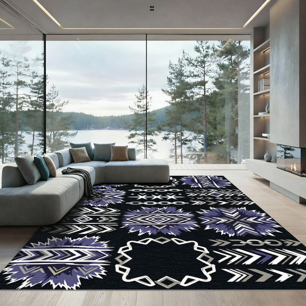 Tribal Blue Geometric Sunburst Frame Rug