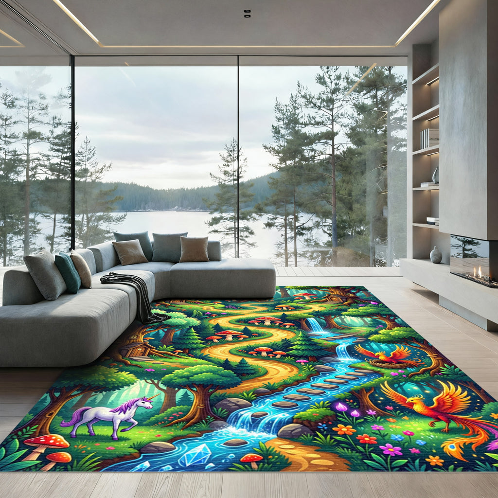 Whimsical Enchanted Forest Unicorn Phoenix Landscape Rug