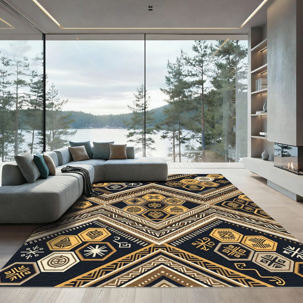 Tribal Gold Geometric Hexagon Zigzag Rug