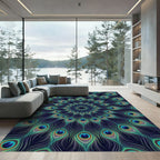 Vibrant Teal Peacock Feather Mandala Rug