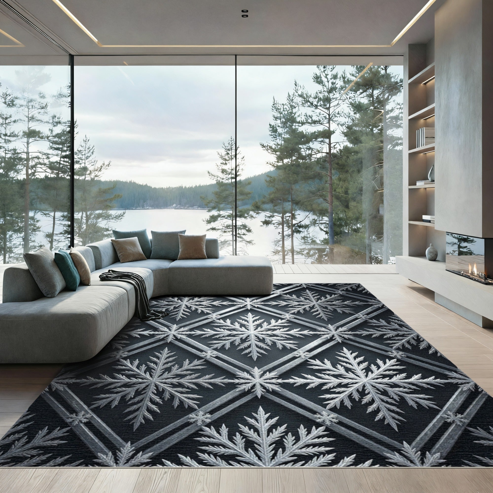 Silver Winter Snowflake Geometric Grid Rug