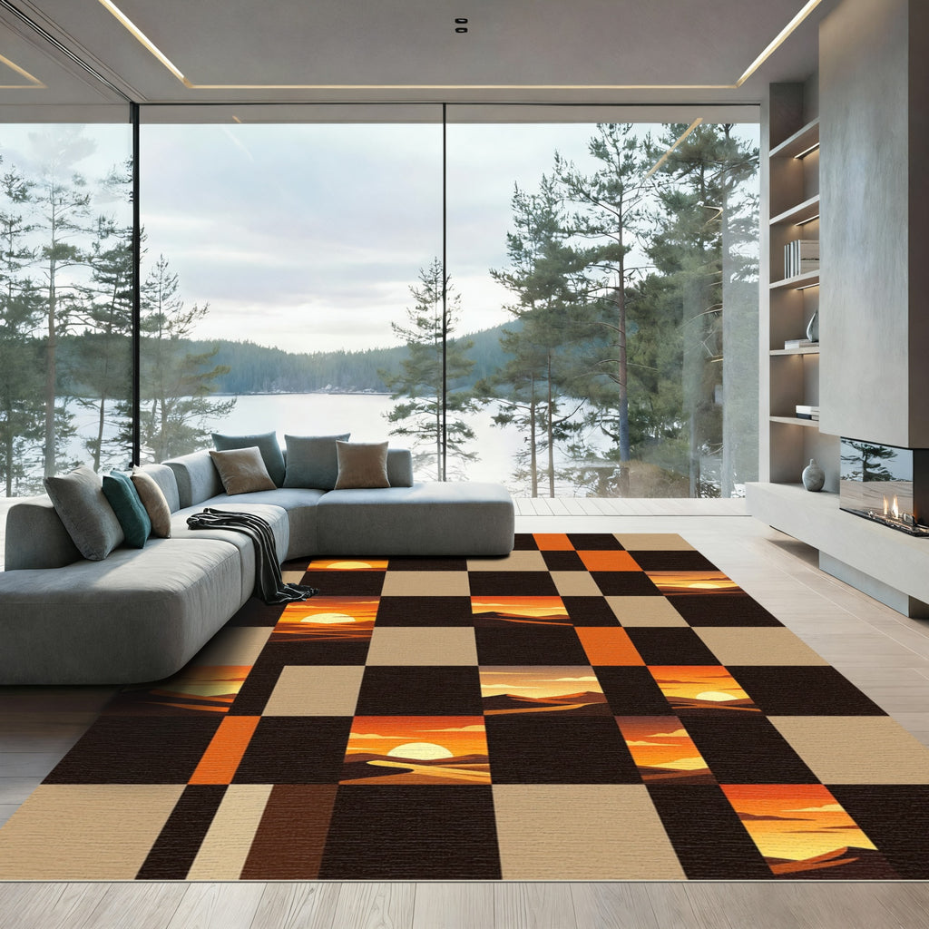 Abstract Sunset Landscape Checkerboard Tapestry Rug