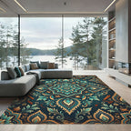 Teal and Gold Botanical Nautical Medallion Rug