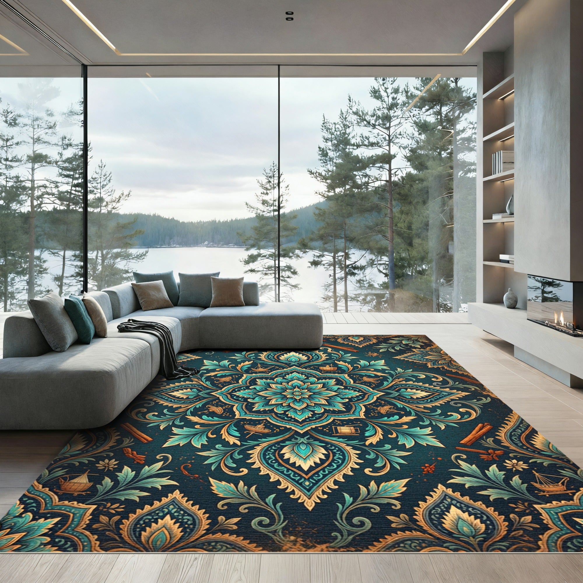 Teal and Gold Botanical Nautical Medallion Rug