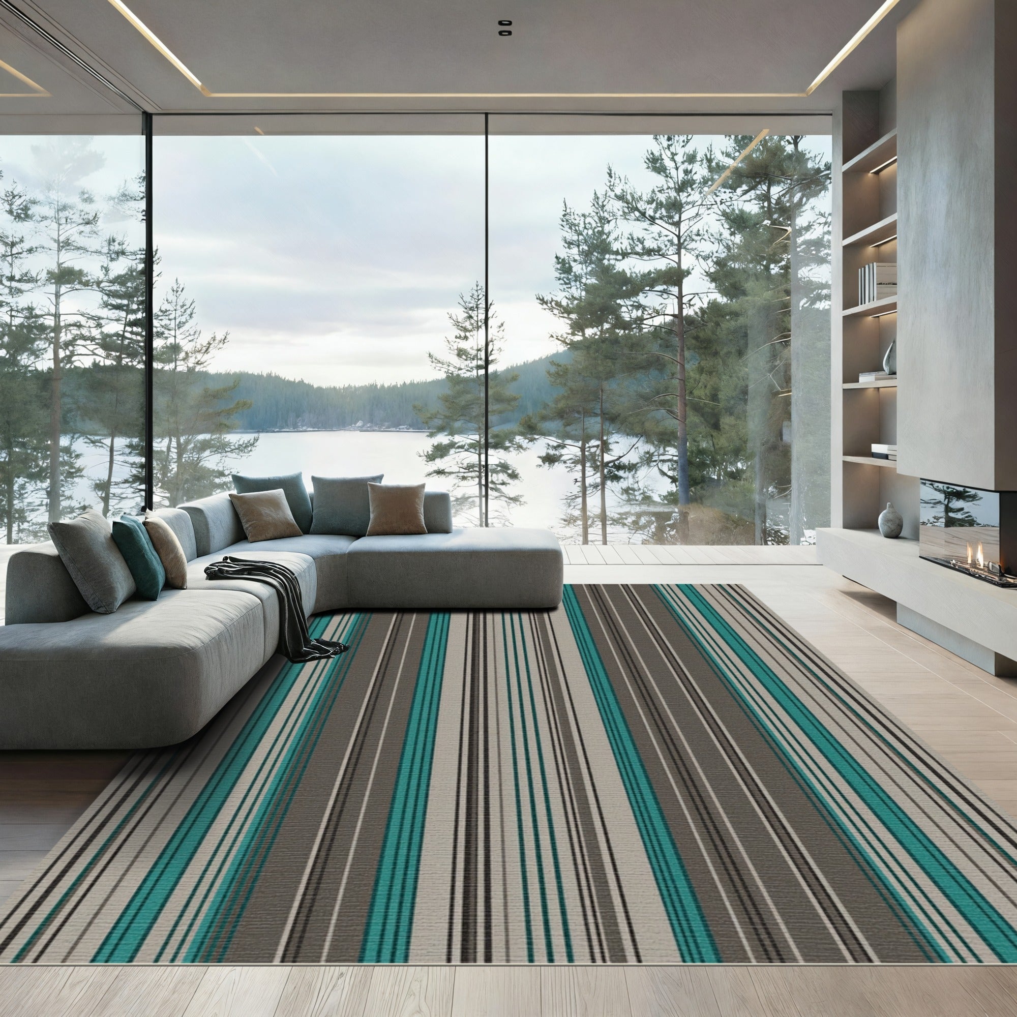Teal Gray Vertical Stripe Rug