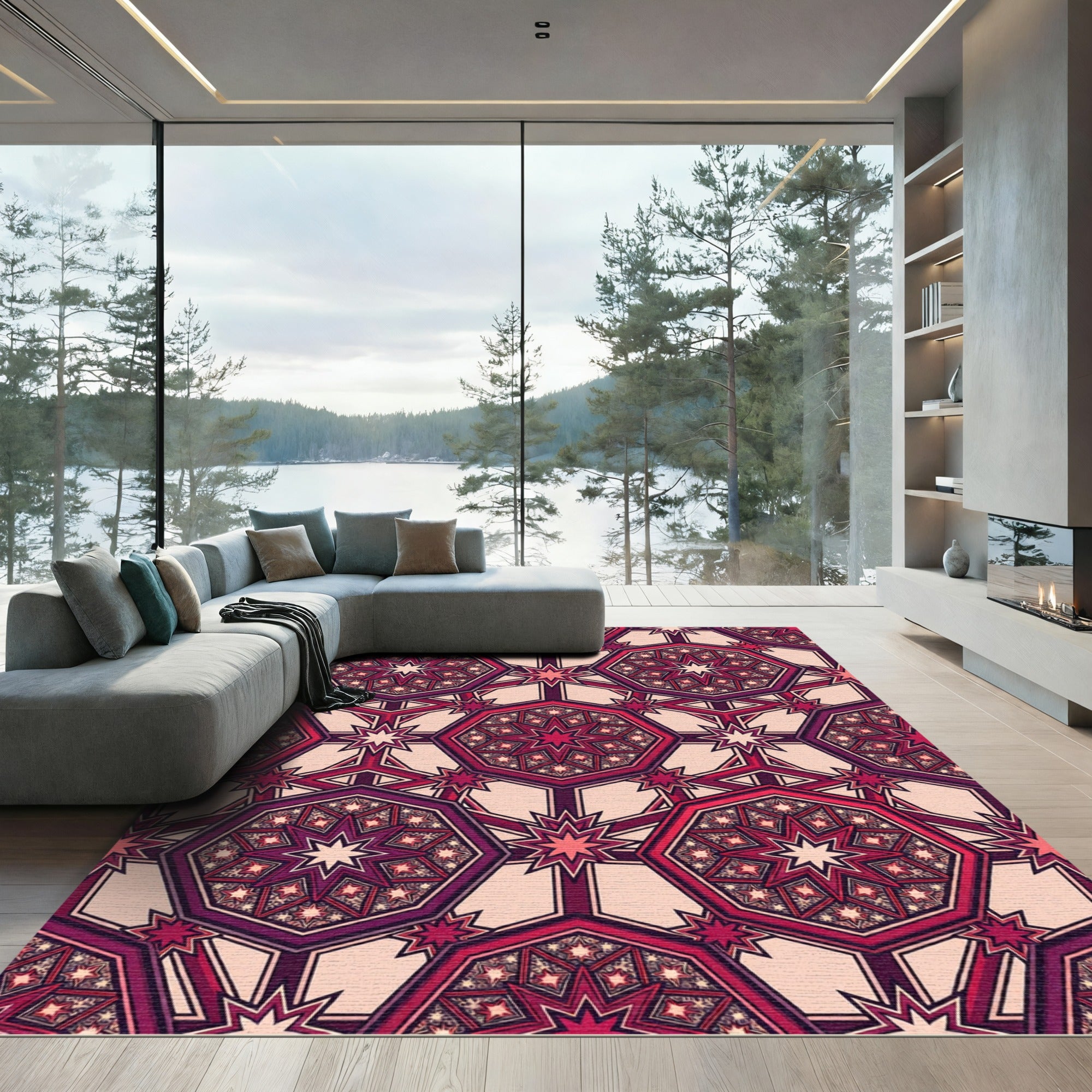 Crimson Geometric Starburst Medallion Rug