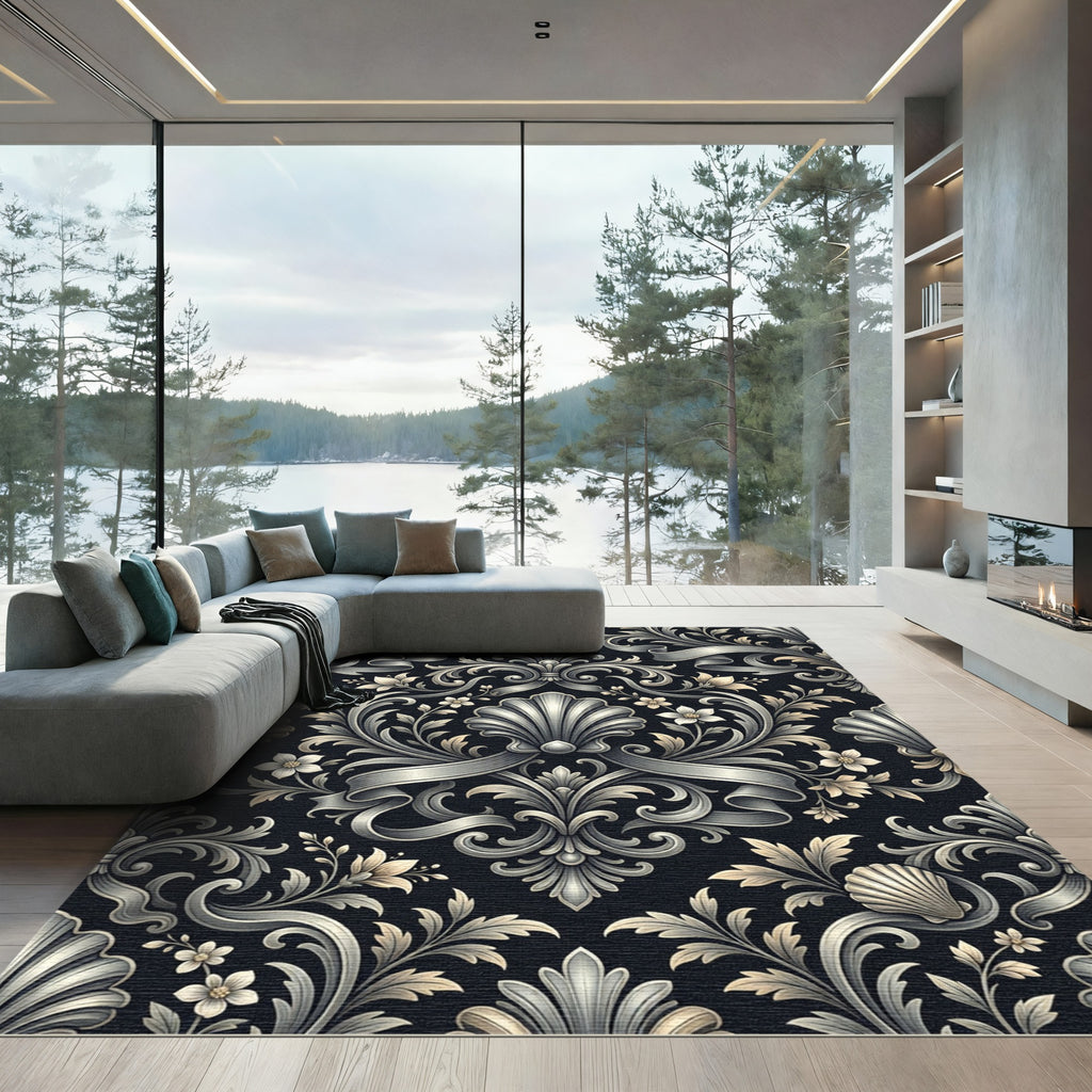 Ornate Black Floral Scroll Ribbon Rug