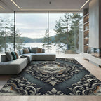 Ornate Silver Scrollwork Grey Damask Rug