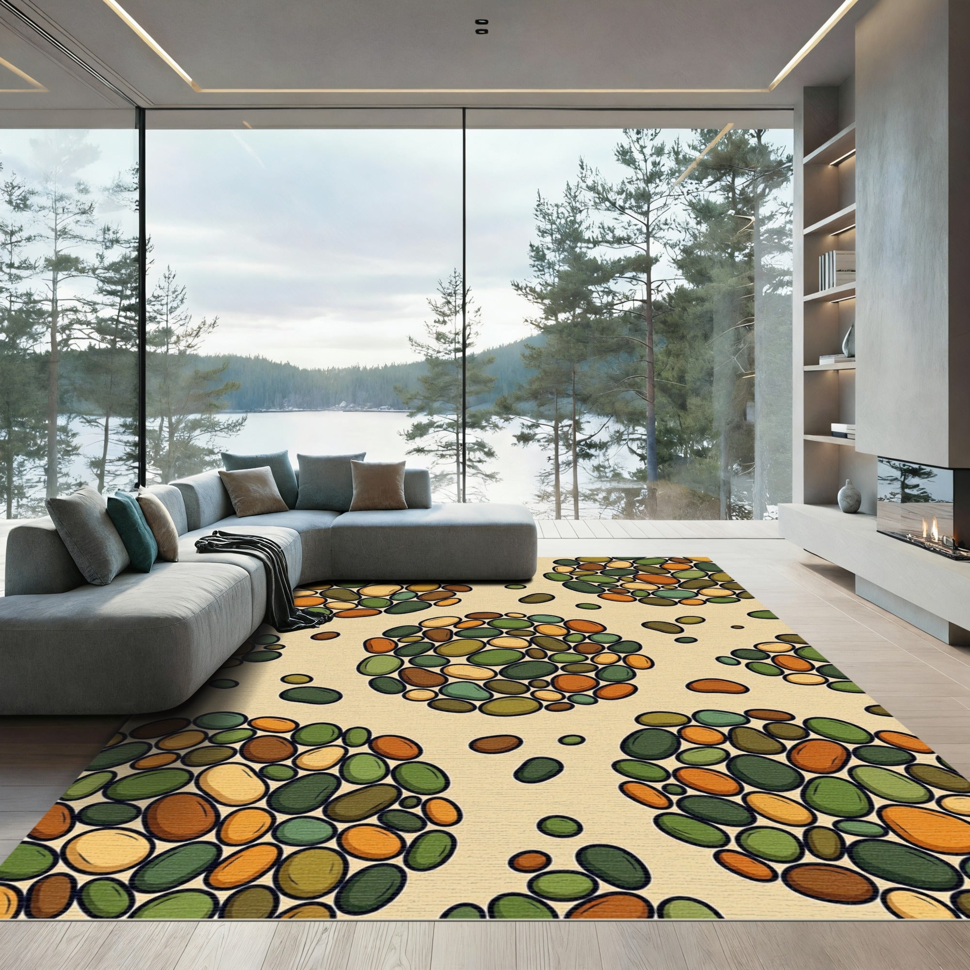 Nature Inspired Pebble Cluster Arrangement Rug