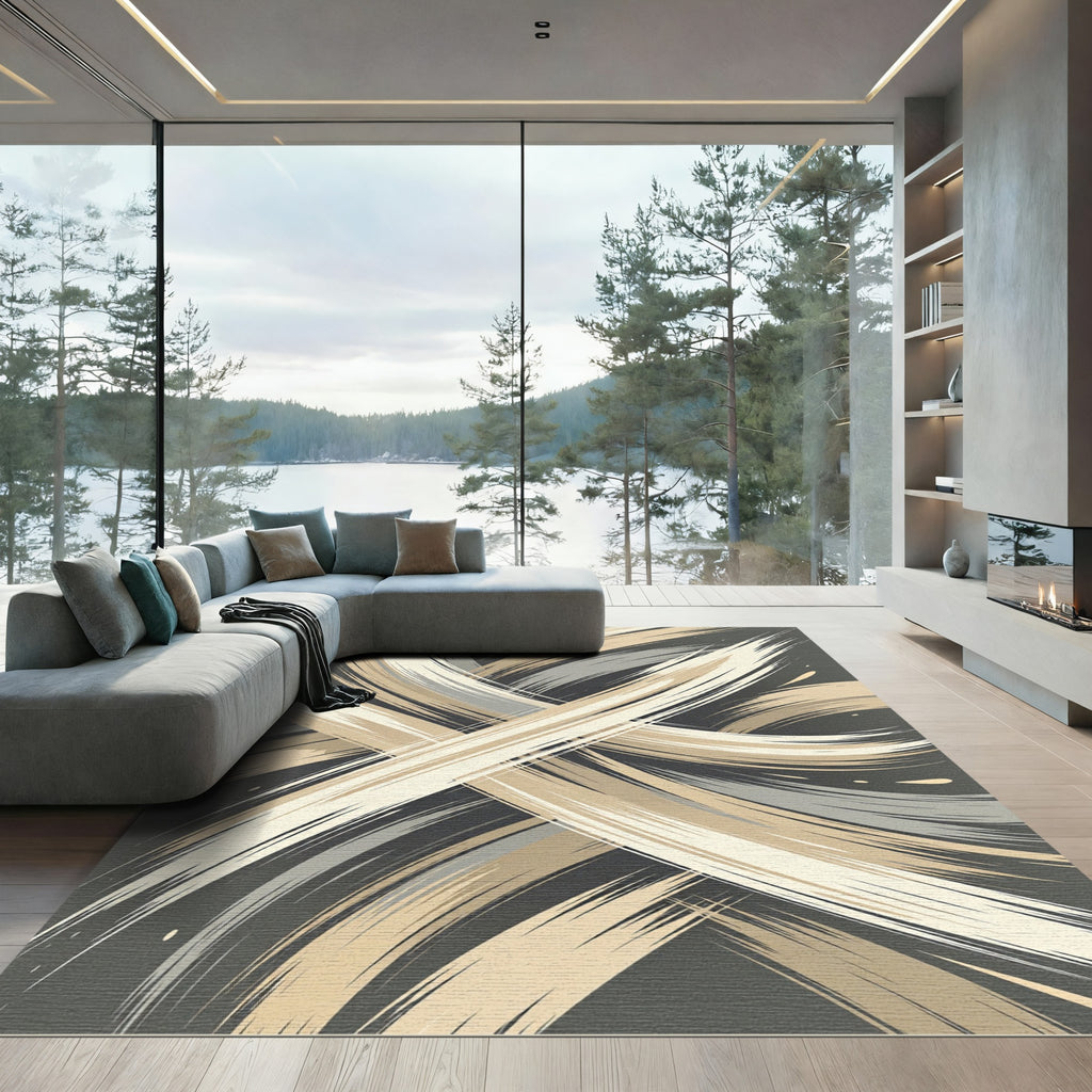 Neutral Abstract Brushstroke Swirl Rug