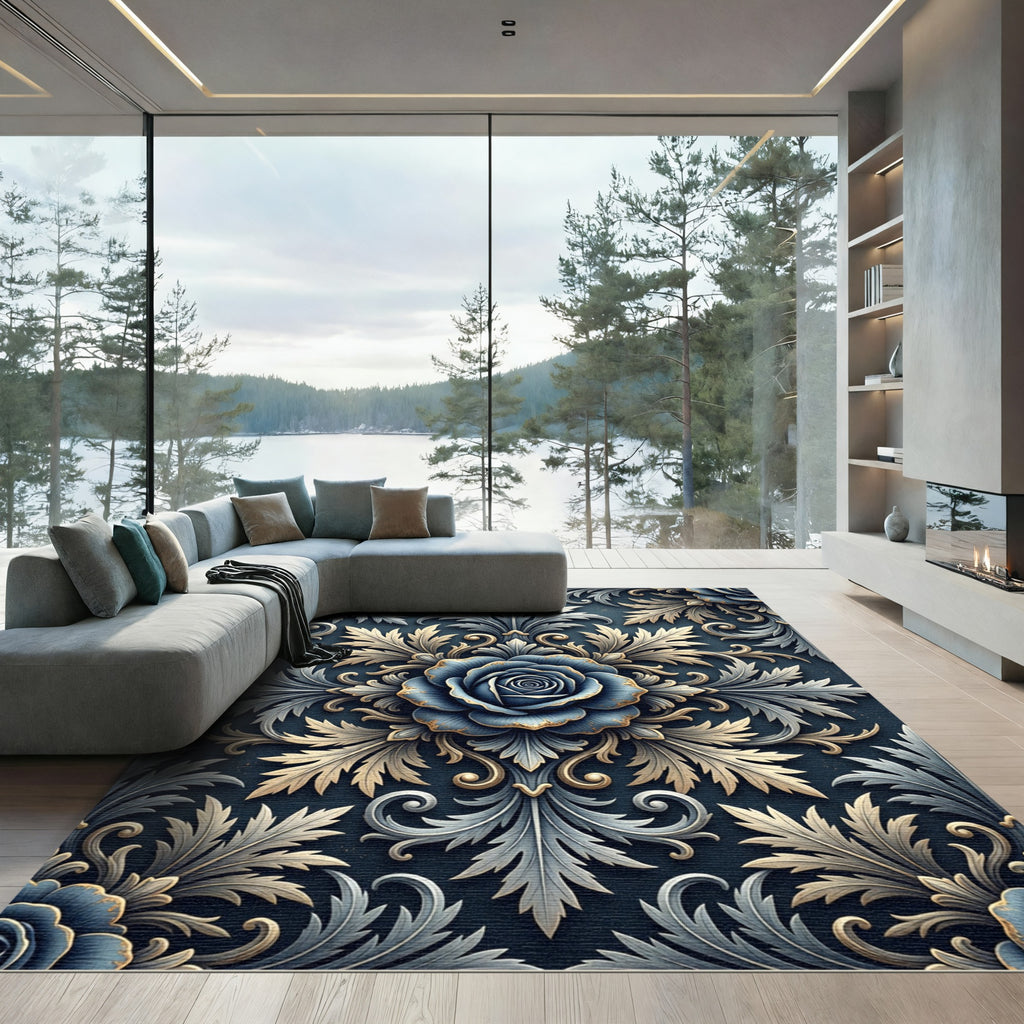 Elegant Navy Blue Rose Damask Scroll Rug