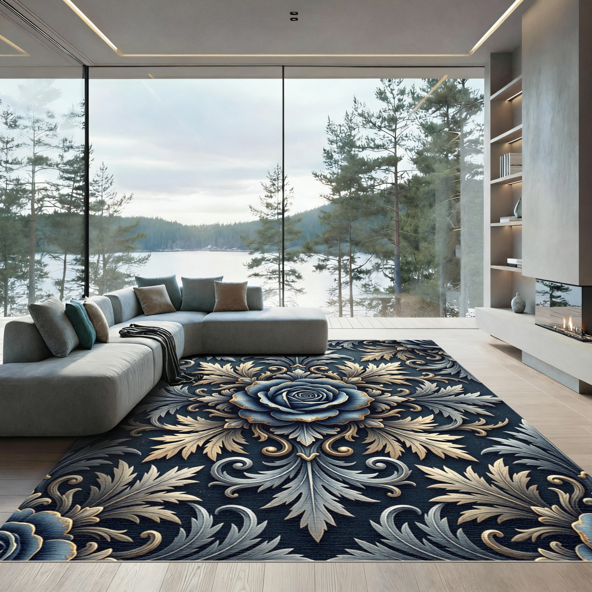 Elegant Navy Blue Rose Damask Scroll Rug