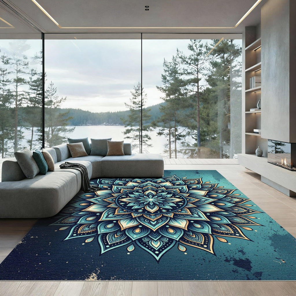 Teal Gold Ornate Celestial Mandala Rug