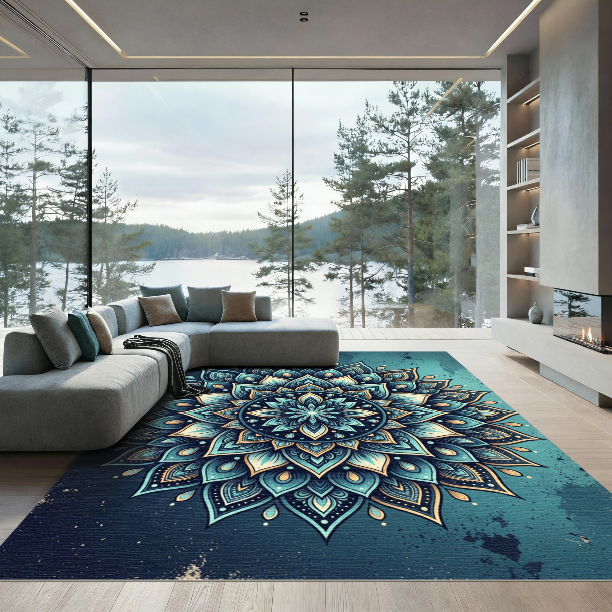 Teal Gold Ornate Celestial Mandala Rug