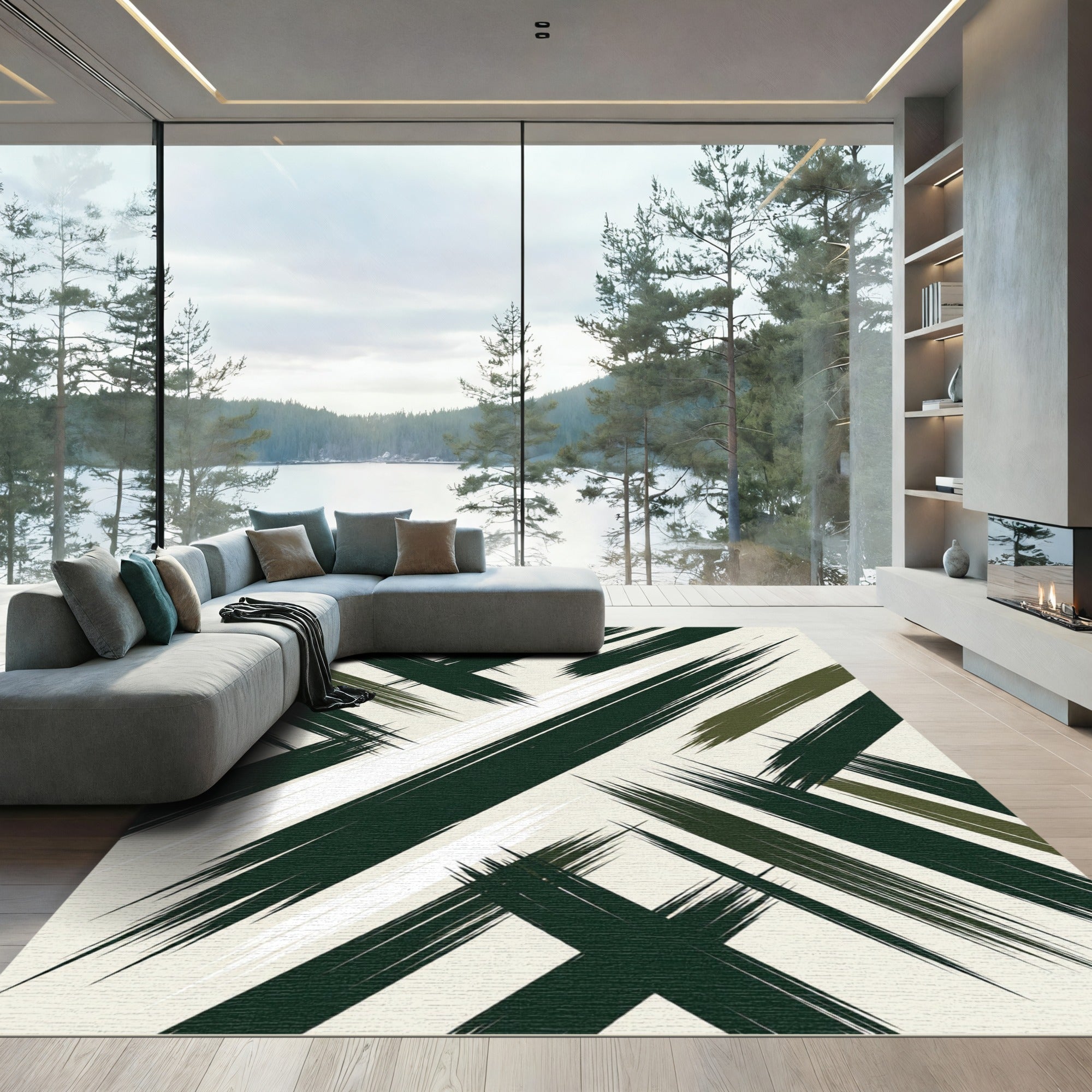 Dark Green White Brush Stroke Rug