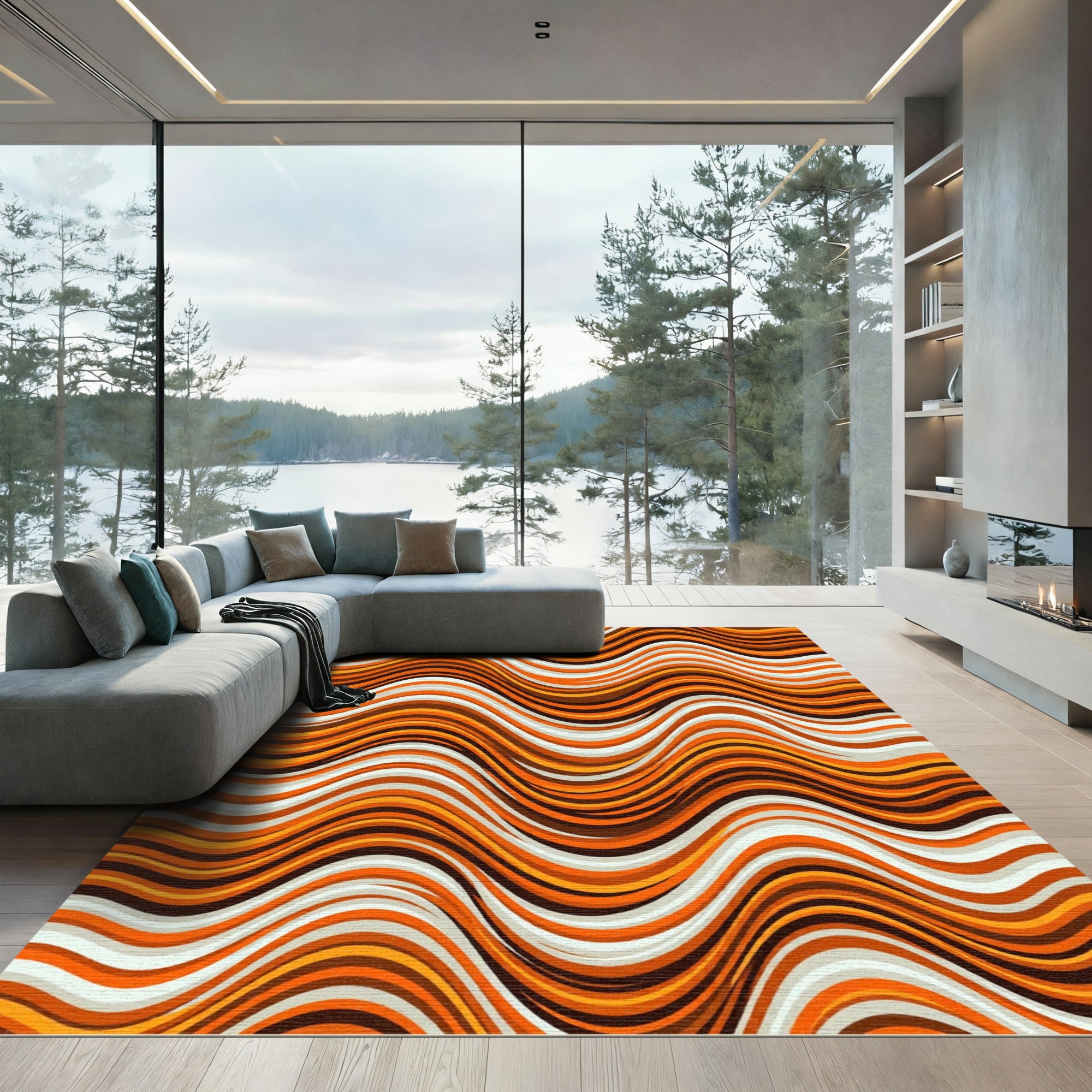 Warm Retro Wavy Terracotta Striped Rug