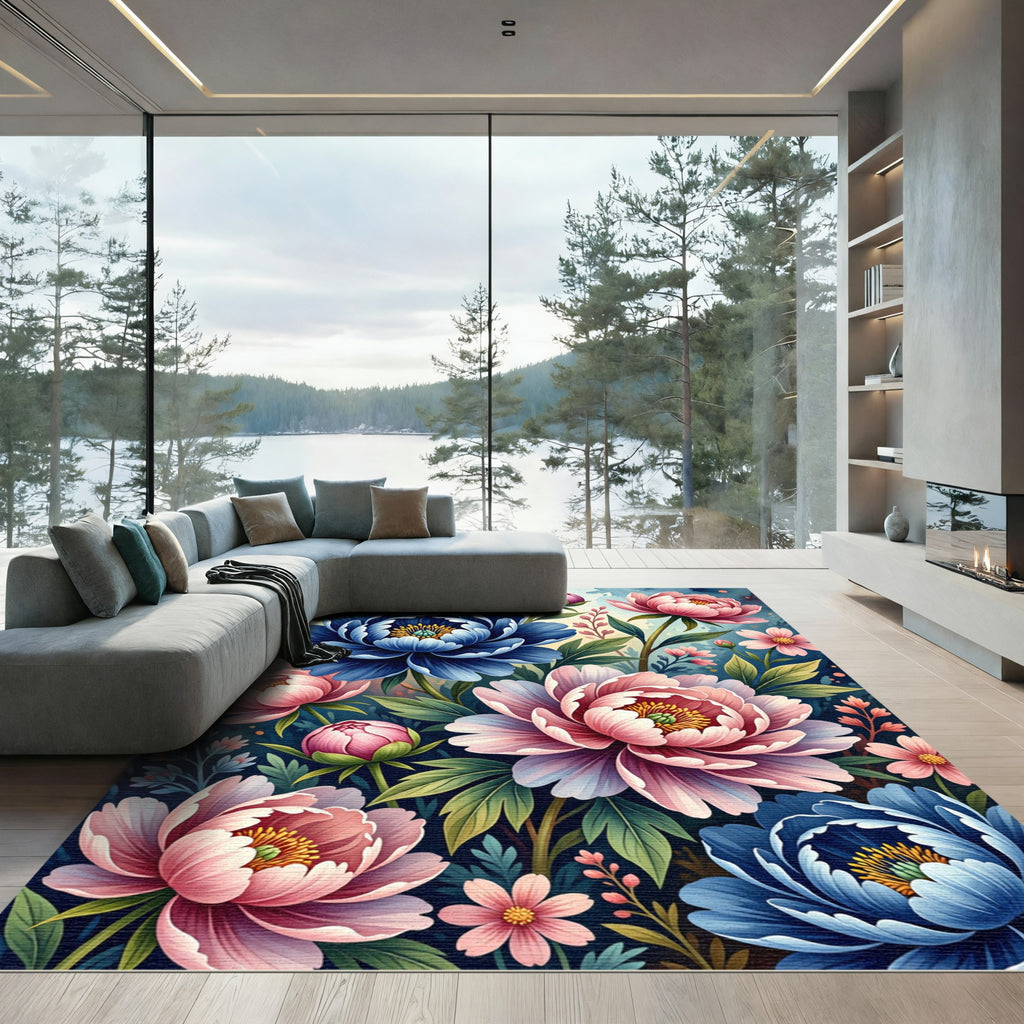 Vibrant Blue and Pink Peony Bloom Rug