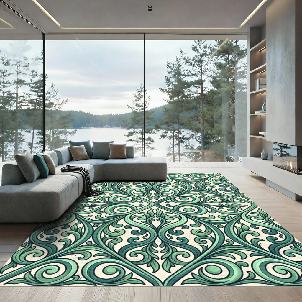 Emerald Scrolling Leaf Damask Scroll Rug