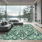 Emerald Scrolling Leaf Damask Scroll Rug