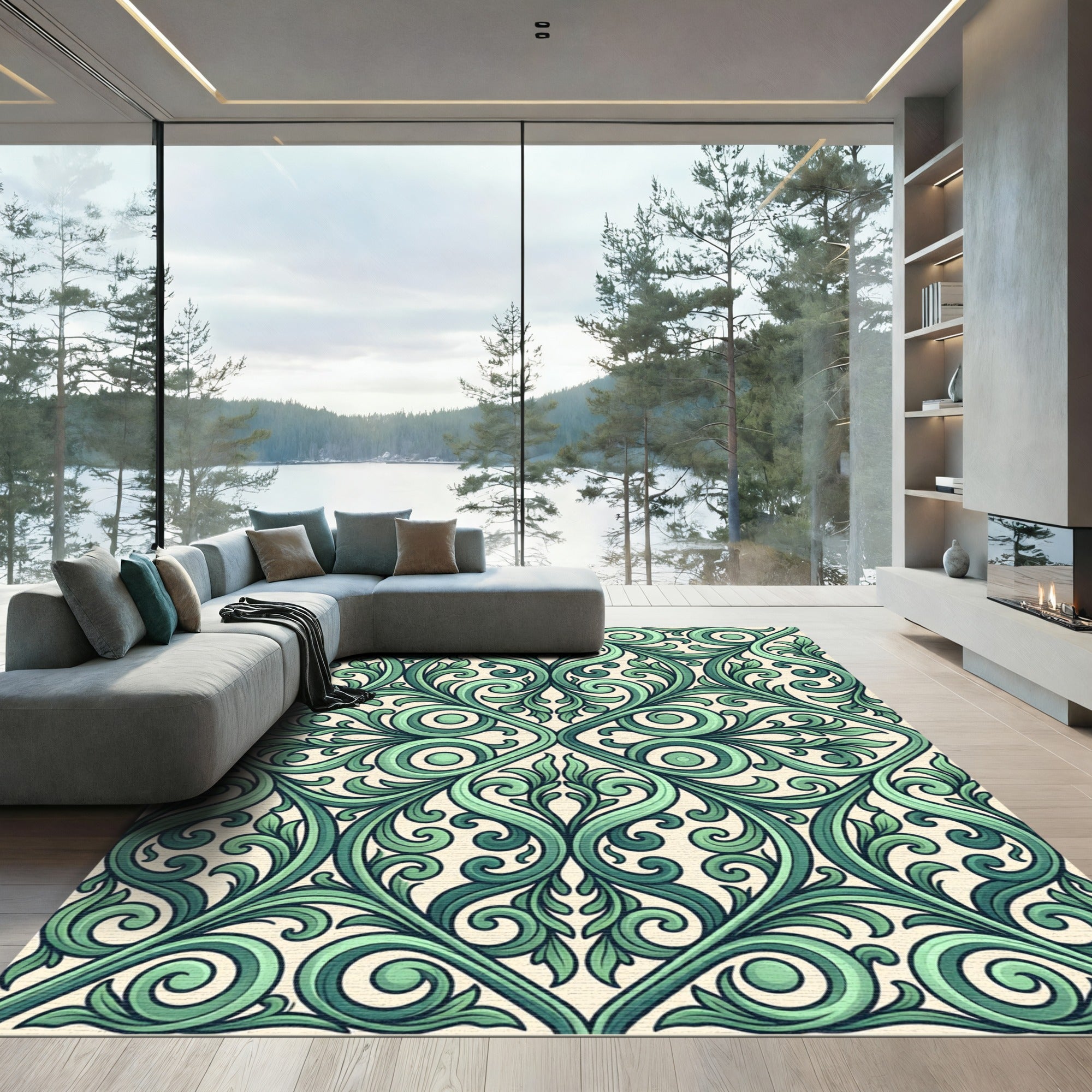 Emerald Scrolling Leaf Damask Scroll Rug