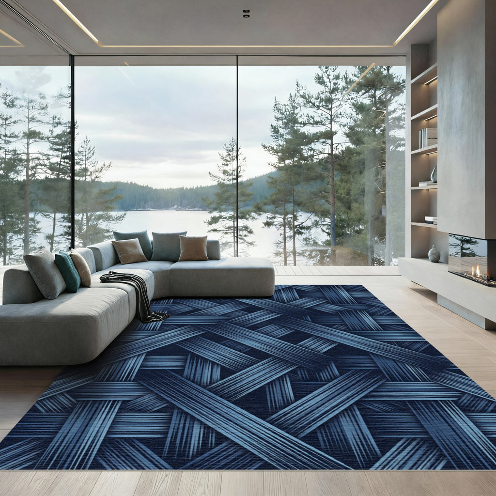 Deep Blue Woven Ribbon Texture Rug