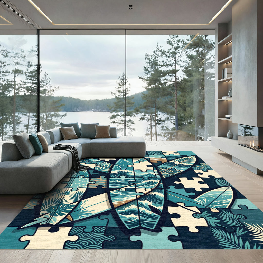 Coastal Puzzle Oceanic Wave Surfboard Art Rug