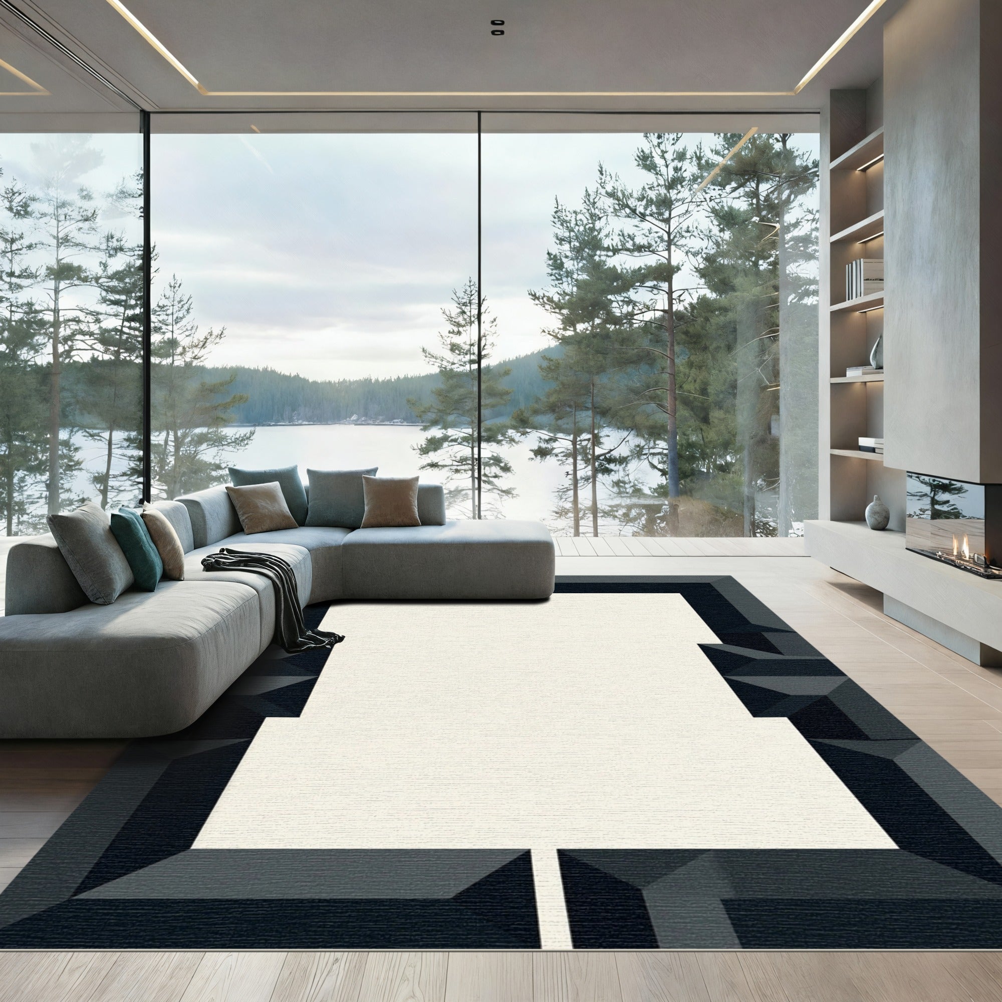 Dark Gray Geometric Abstract Frame Rug