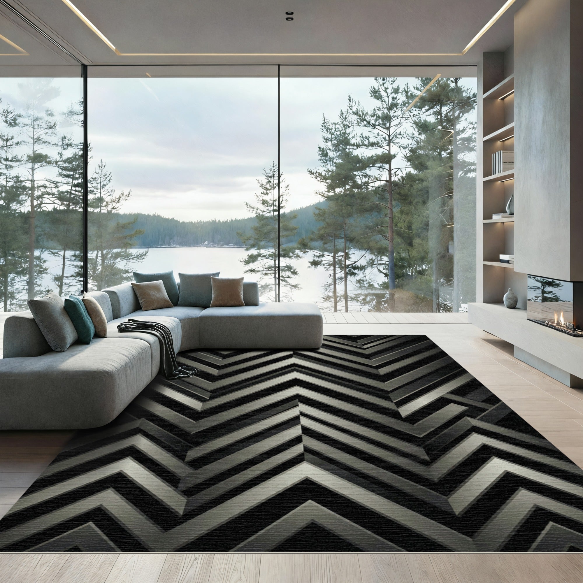 Metallic Silver Chevron Geometric Monochromatic Rug