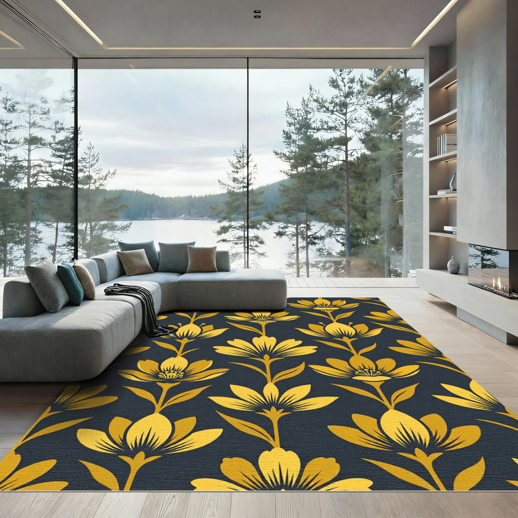 Golden Botanical Floral Midnight Navy Rug