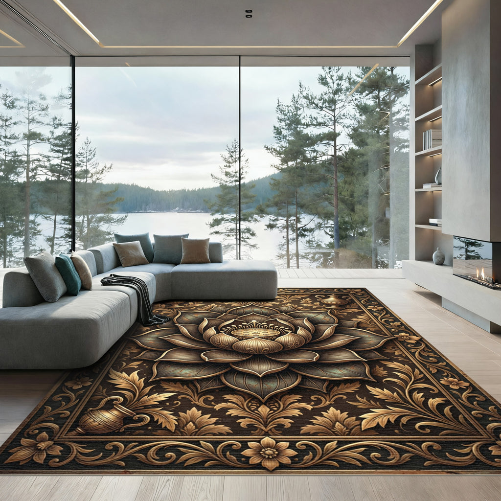 Ornate Golden Lotus Blossom Frame Rug