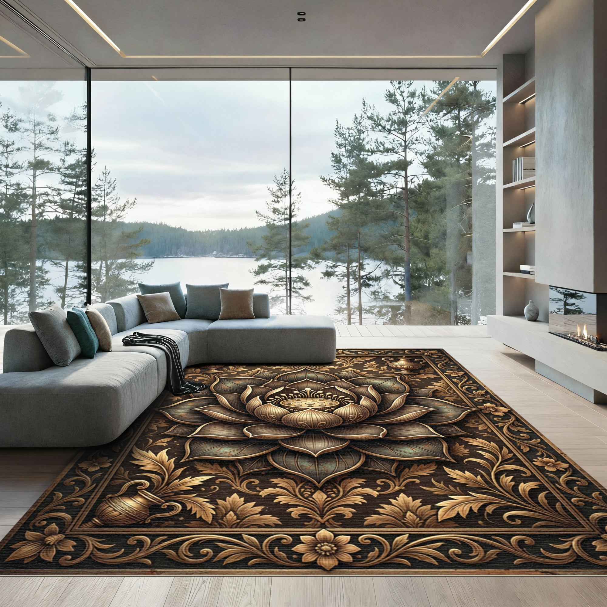 Ornate Golden Lotus Blossom Frame Rug