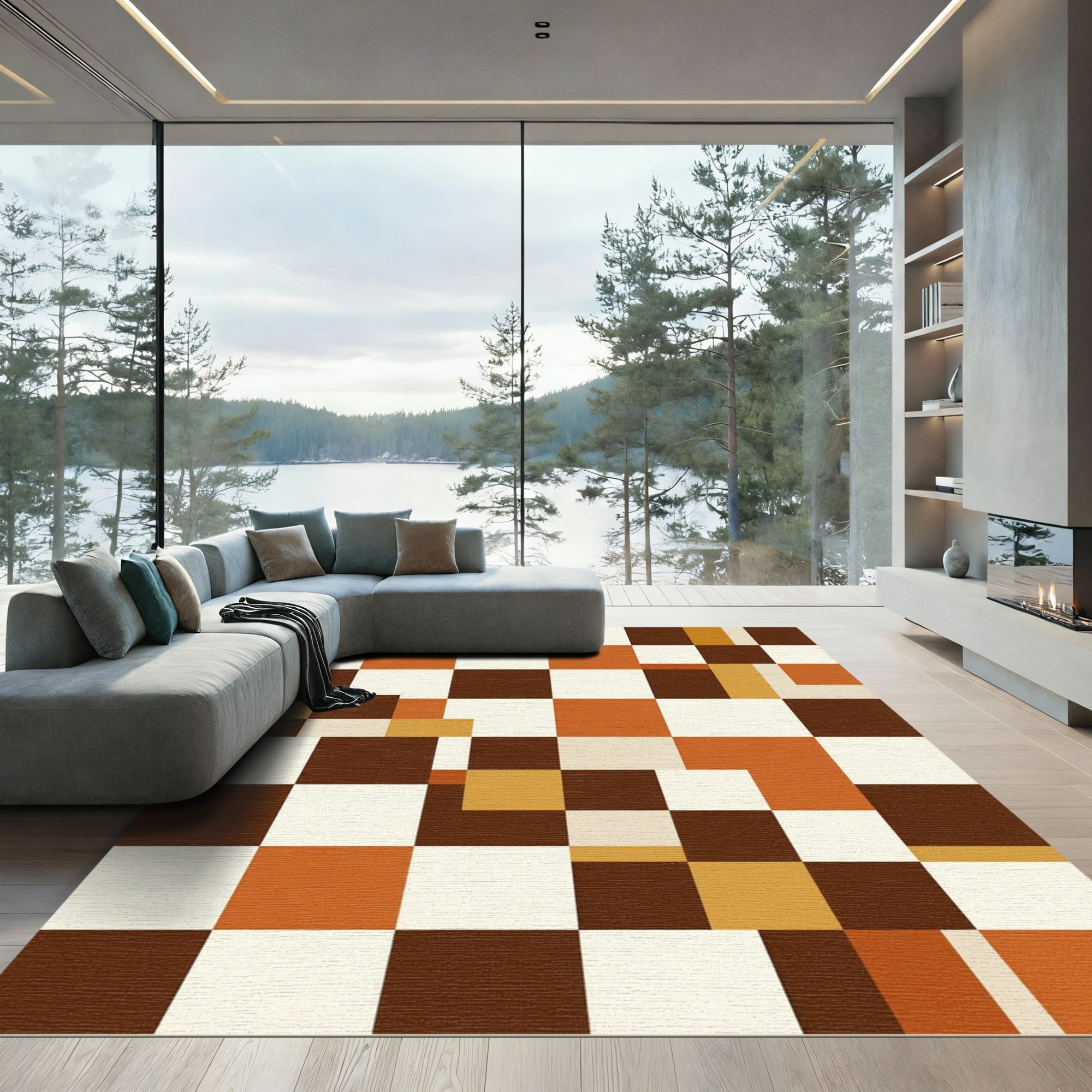 Retro Brown White Orange Checkered Squares Rug