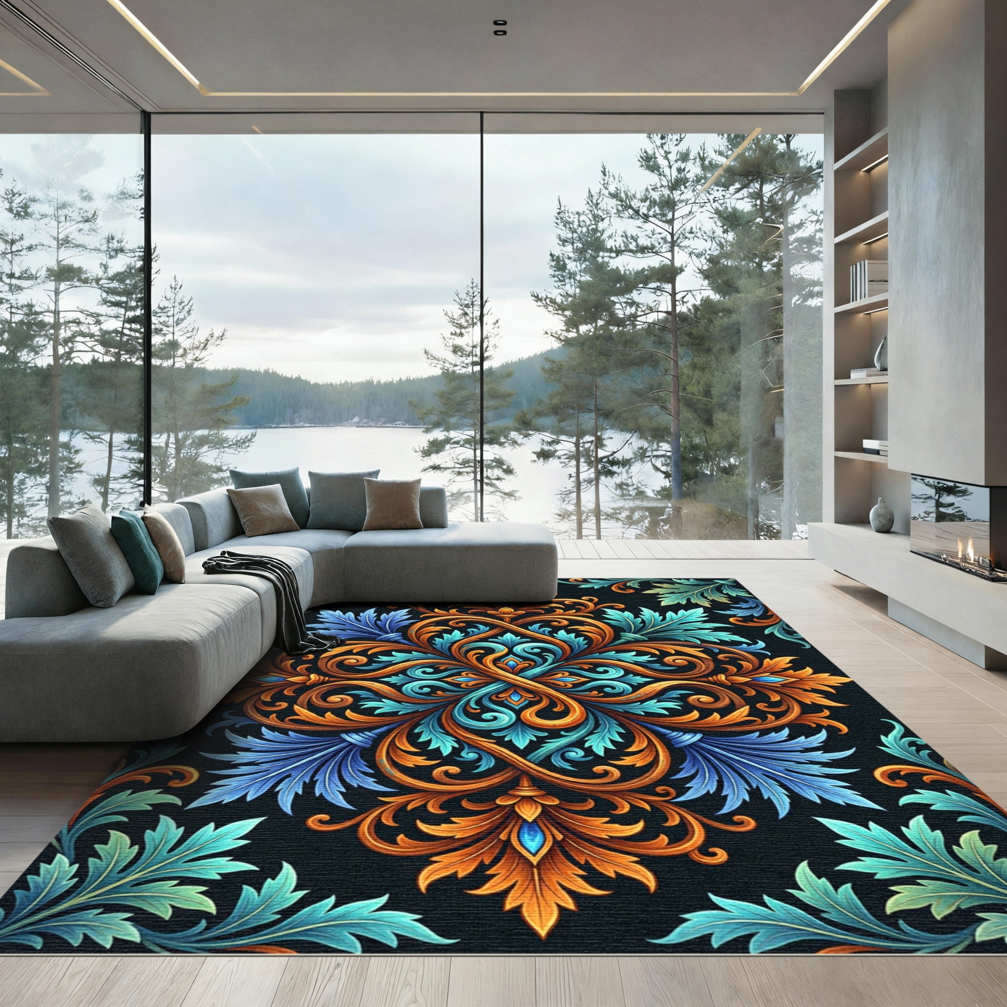 Ornate Azure and Amber Damask Swirl Rug