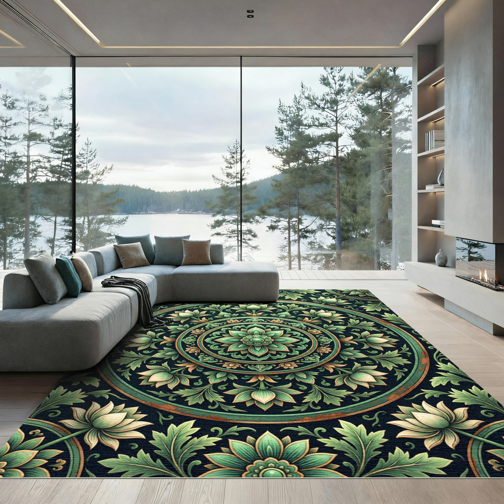 Intricate Sage Green Floral Medallion Rug