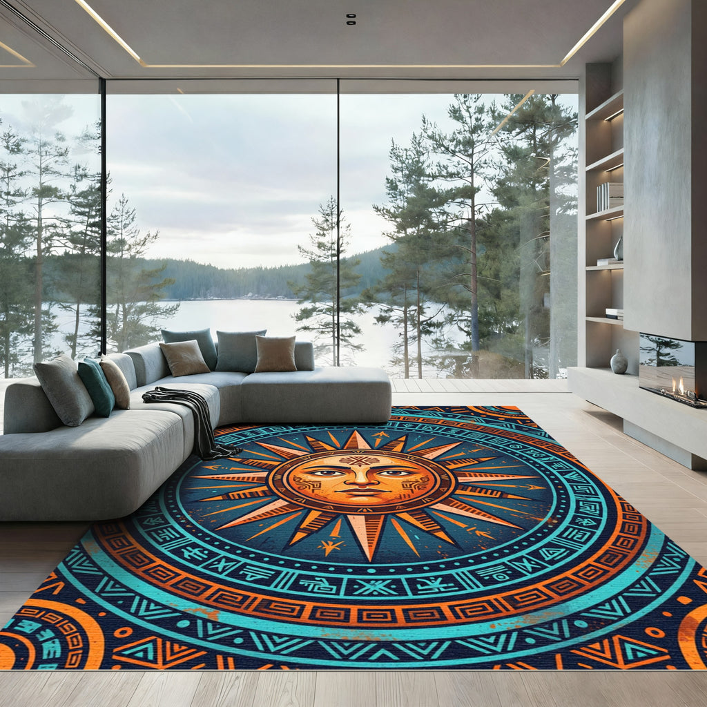 Celestial Solar Emblem Geometric Orange Teal Rug