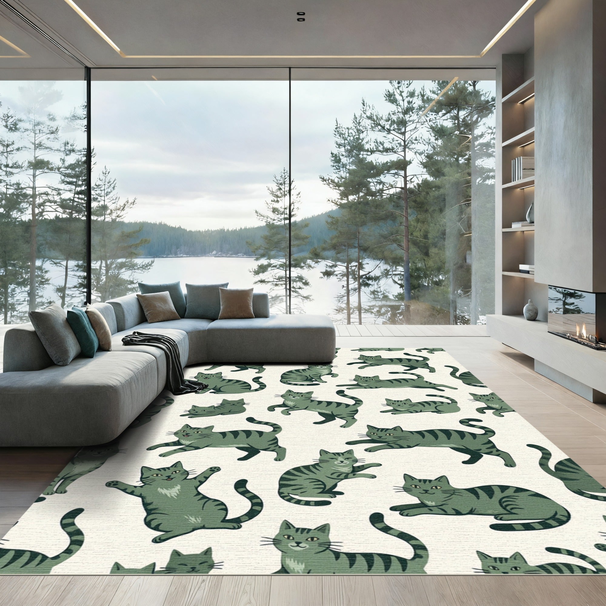 Whimsical Sage Green Tabby Cat Illustration Rug