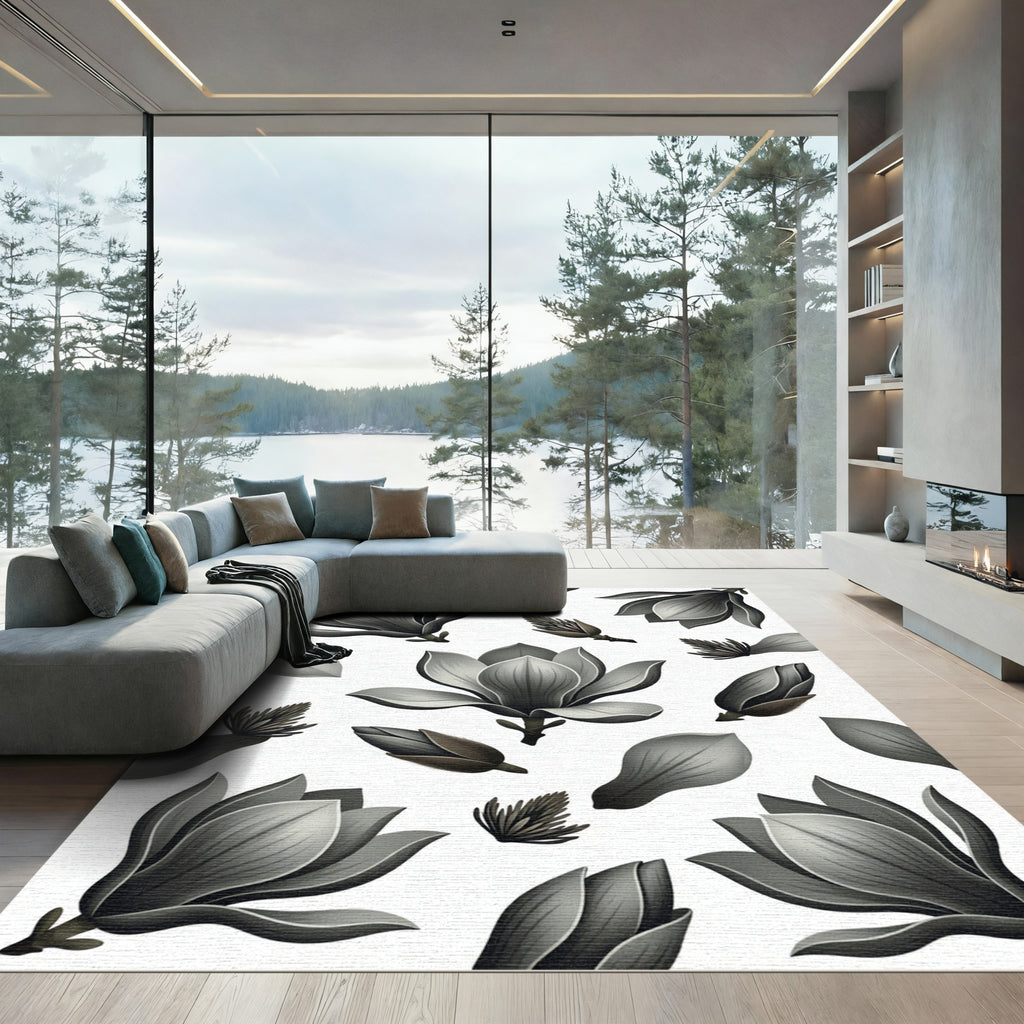 Monochrome Magnolia Blossom Floral Art Rug