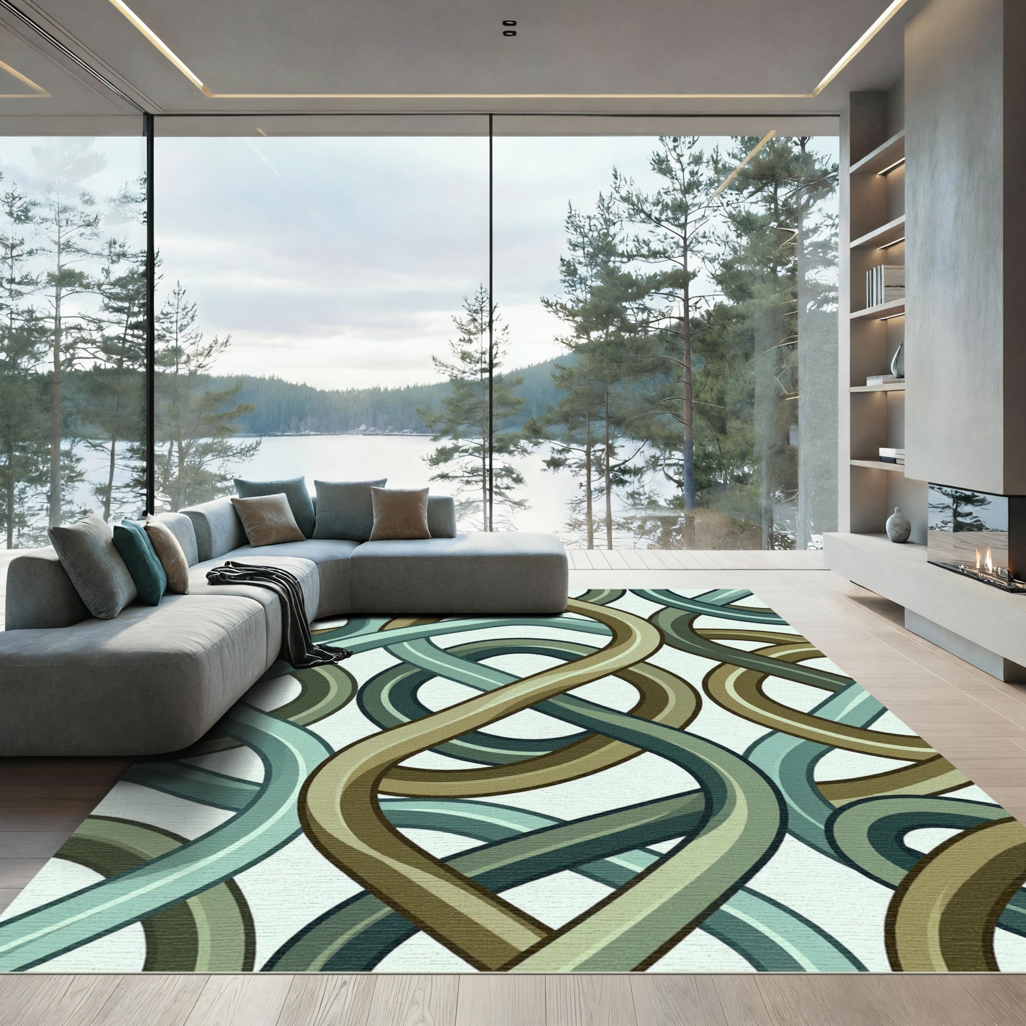Intertwined Teal Brown Ribbon Weave Rug