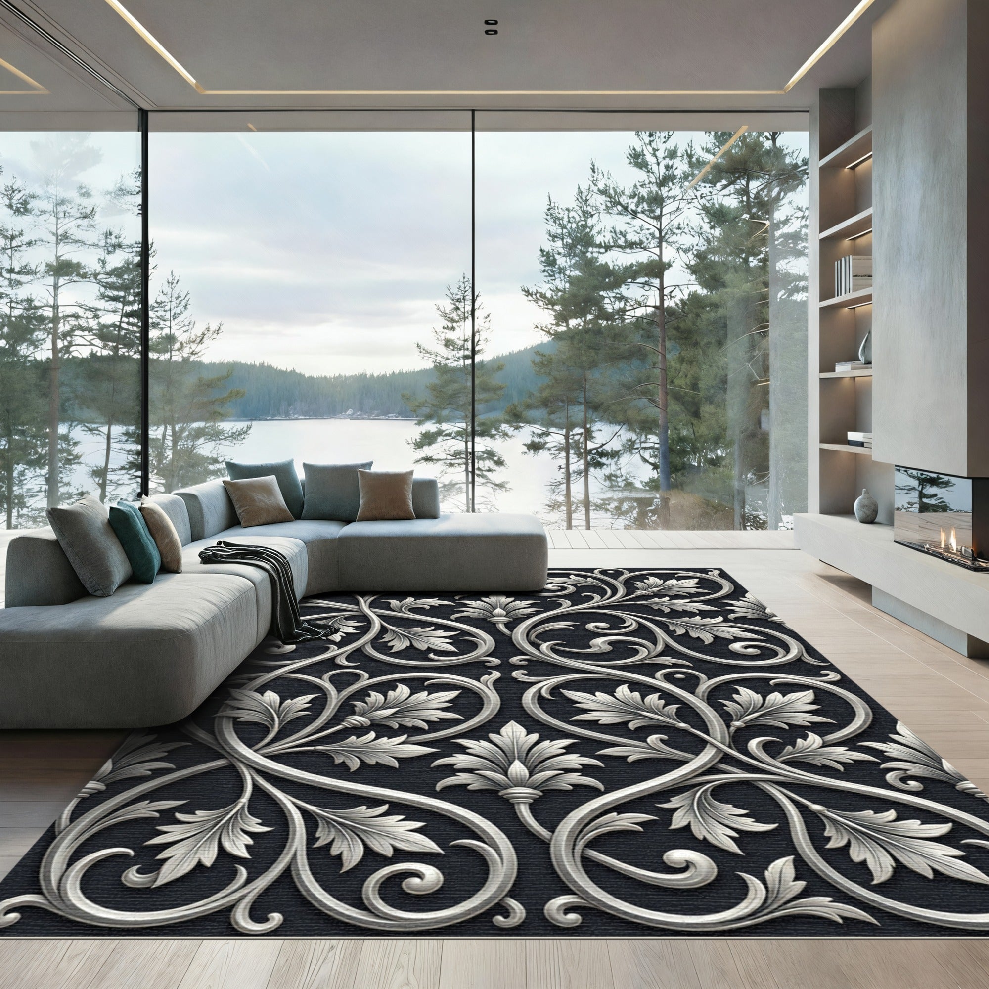 Ornate Silver Leaf Scroll Work Rug