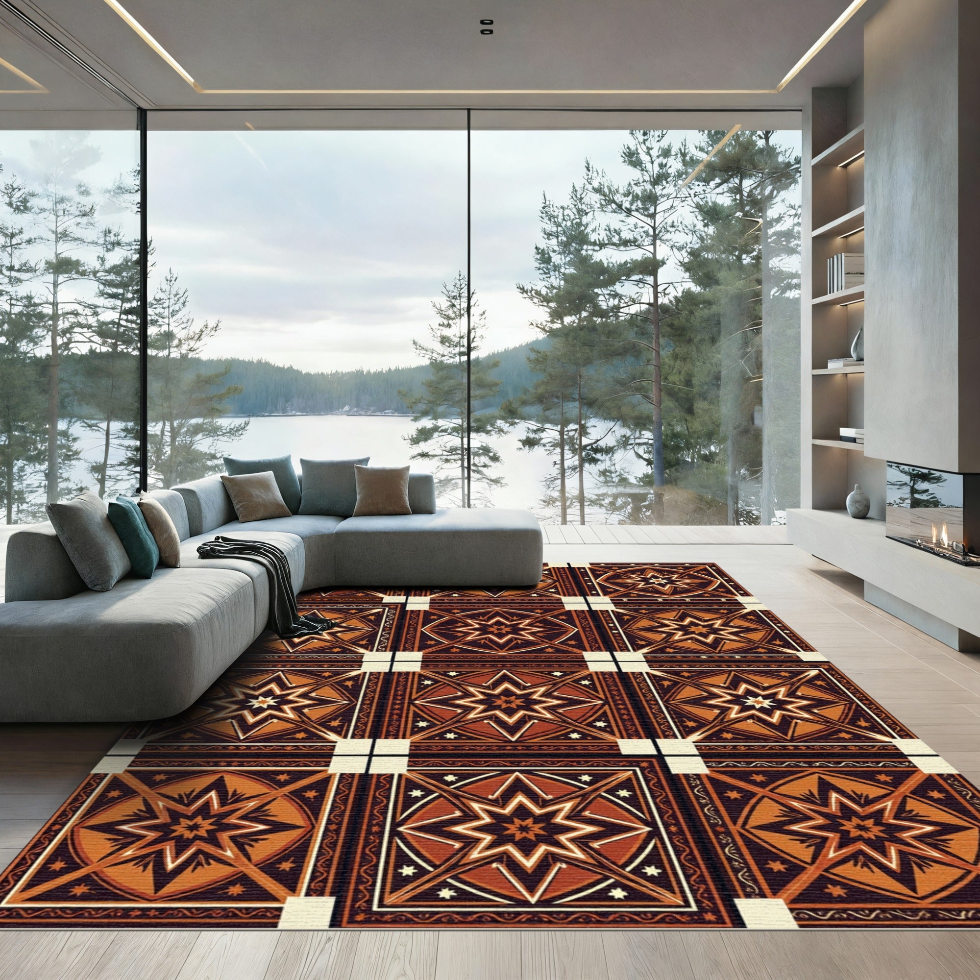 Warm Orange Starburst Geometric Arrangement Rug