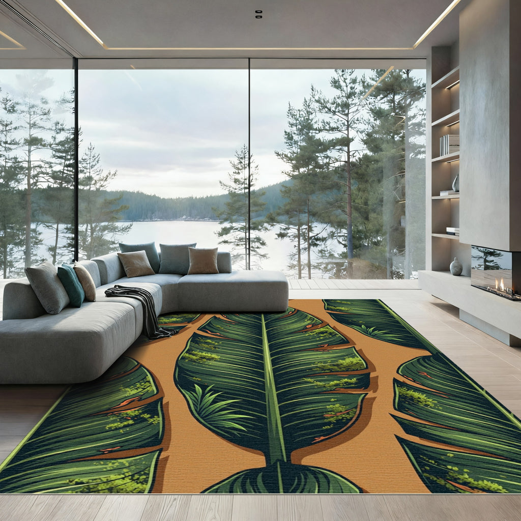 Lush Green Tropical Banana Leaf Illustration Rug