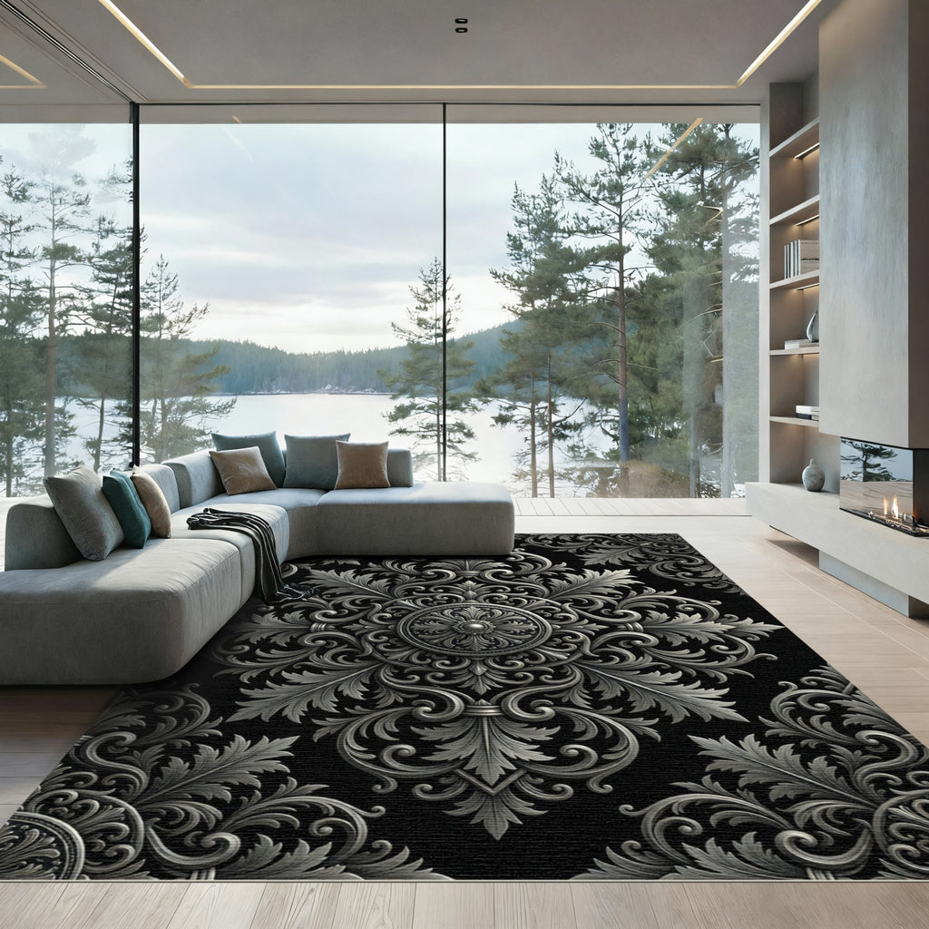 Ornate Silver Baroque Damask Medallion Rug