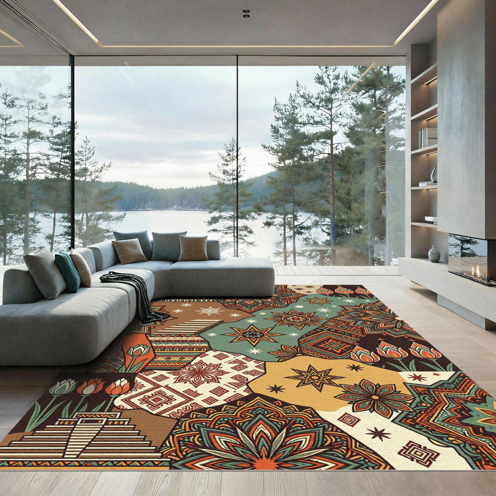 Geometric Star Mandala Earthy Patchwork Rug