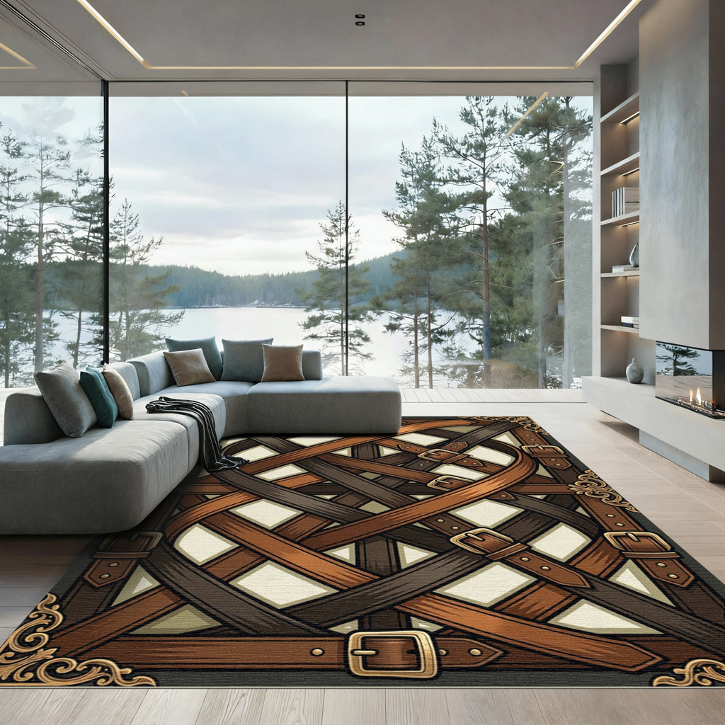 Leather Buckles Straps Intertwined Composition Rug